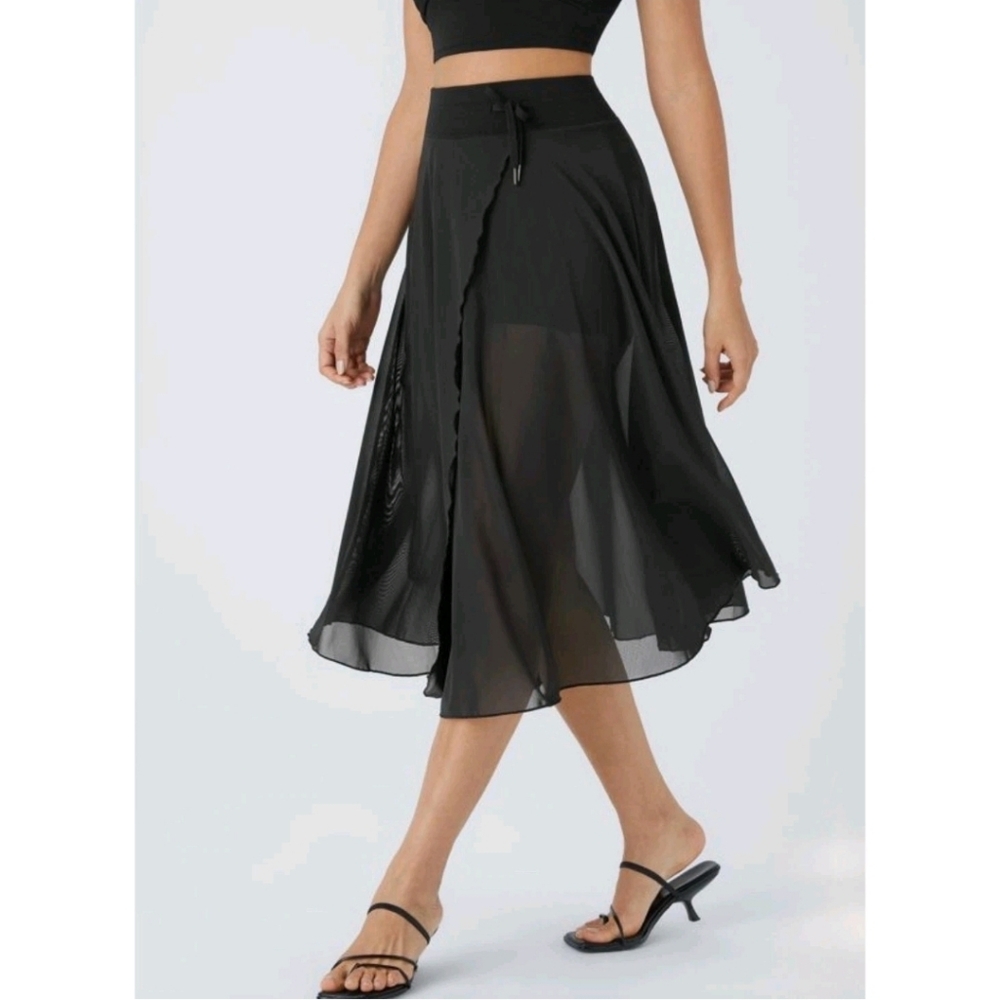 Halara Black Mesh 2-in-1 Flowy Midi Skirt with Pocketed Shorts Size M NWT